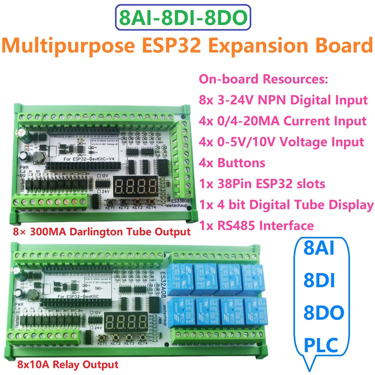 

8AI-8DI-8DO ESP-WROOM-32 ESP32 Expansion Board for Arduino WEB MQTT Ethernet Network Relay DIY DC 12V 24V