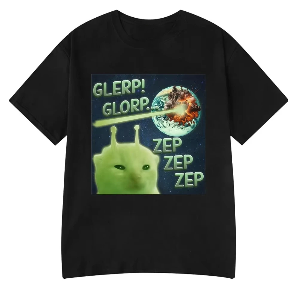 2025 Summer Glerp Glorp Funny Alien Cat Italian Brainrot Meme Pure Cotton Printed T-shirt Men Graphic Comfortable Top