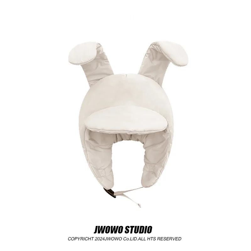 Cute Rabbit Ears Down Padded Lei Feng Cap for Men and Women Winter Riding Warm Ear Protection Solid Color Flight Bomber Hats