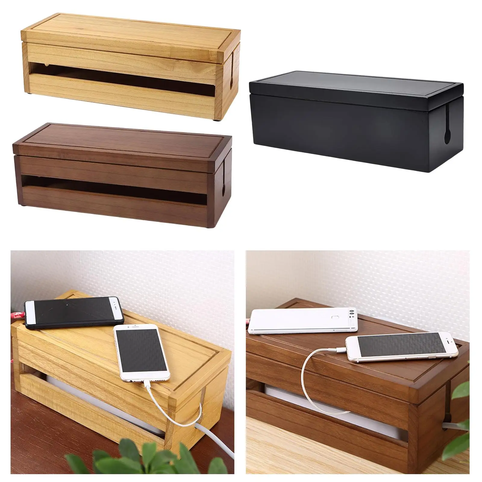 Wooden Cable Management Organizer Box Power Strip Hider for Desk