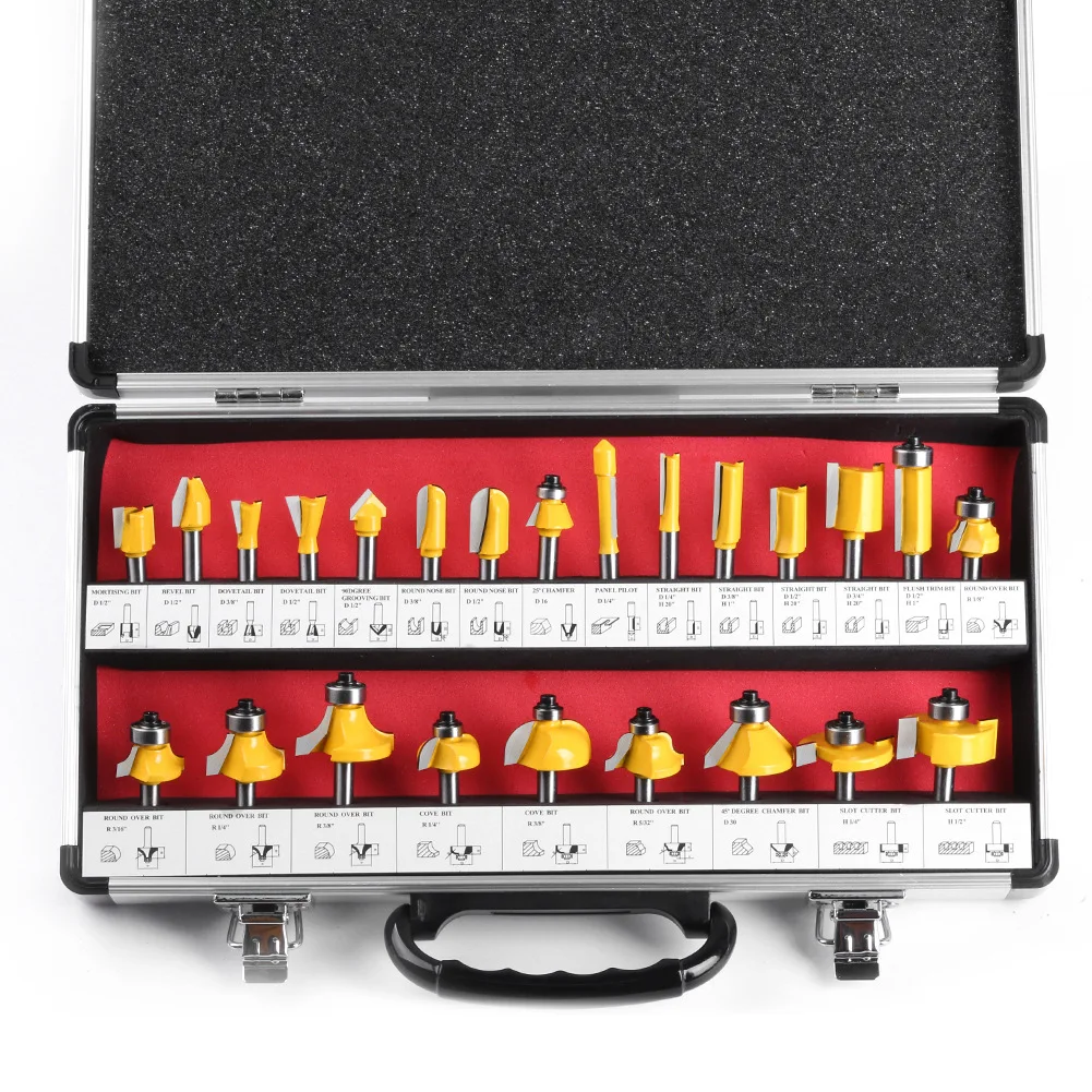 

24 шт., 6,35 мм, набор фрез с хвостовиком для деревообработки, фреза, упакованная в алюминиевой коробке, торцевая фреза, твердосплавная фреза