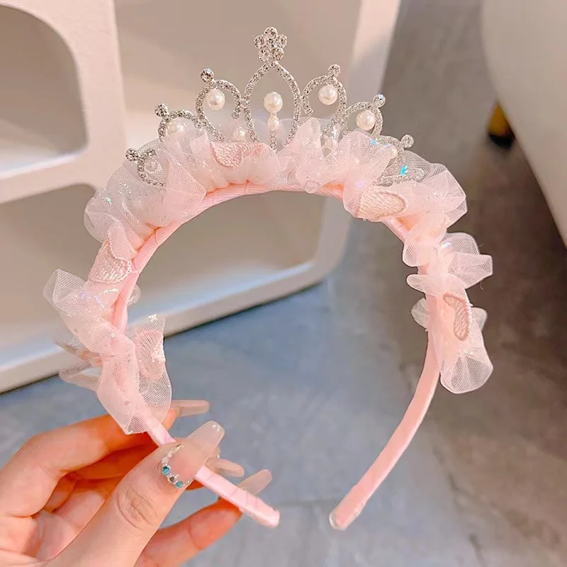 New Girls Crown Hair Band Prinses Rhinestone Lace Headband Cute Mesh Hairband Birthday Prom Party Kids Hair Accessories