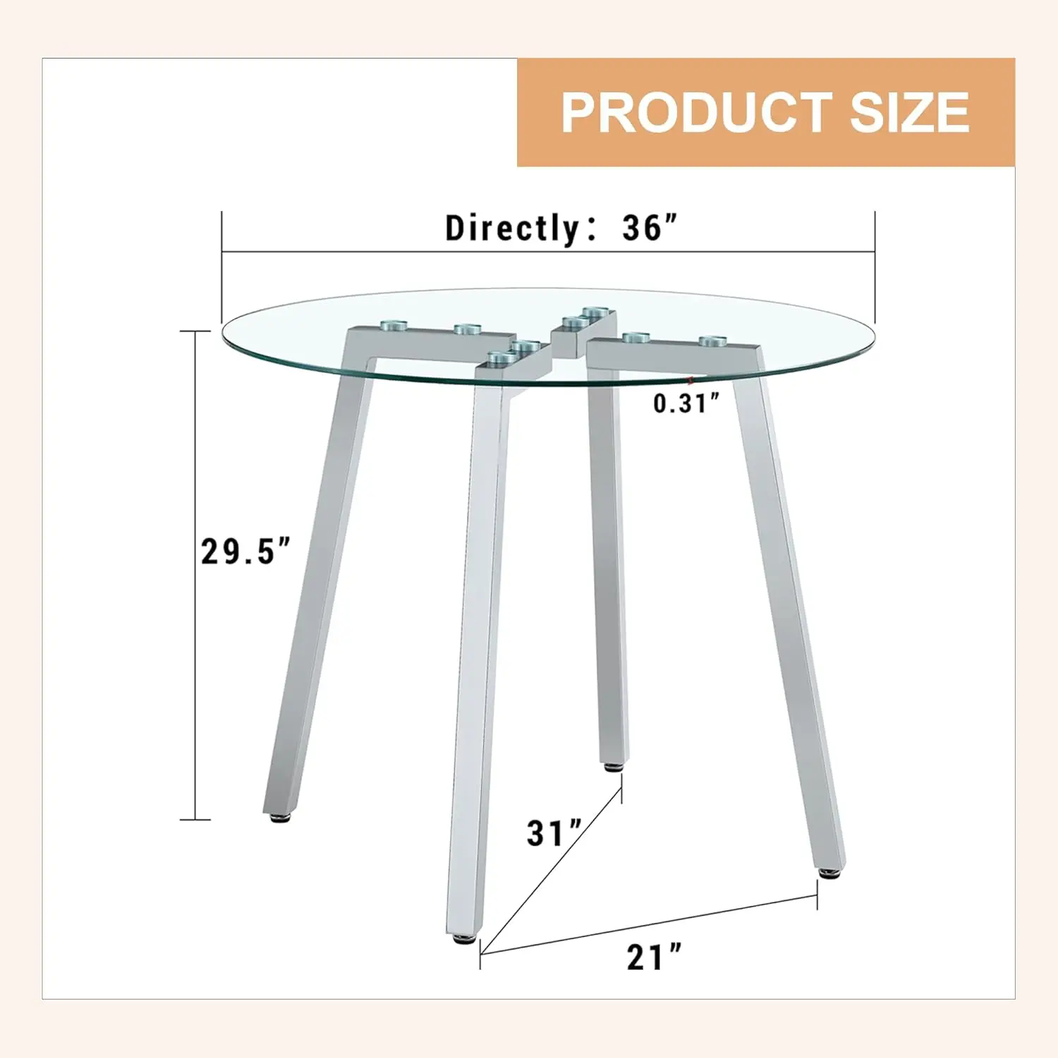 Modern Luxurious Round Tempered Glass Dining Table With Silver 7-Shaped Metal Legs,Suitable For Family Meals, Office