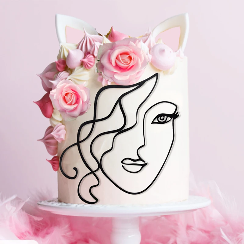 1Pc Acrylic Abstract Minimalist Art Lady Face Cake Topper Girls Birthday Cake Decorations Wedding Party Character Cake Toppers