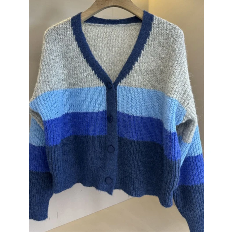 Women Clothing 2024 Spring Autumn Korean Fashion Striped Patchwork Knitted Cardigan Casual V Neck Long Sleeve Chic Sweater Coats