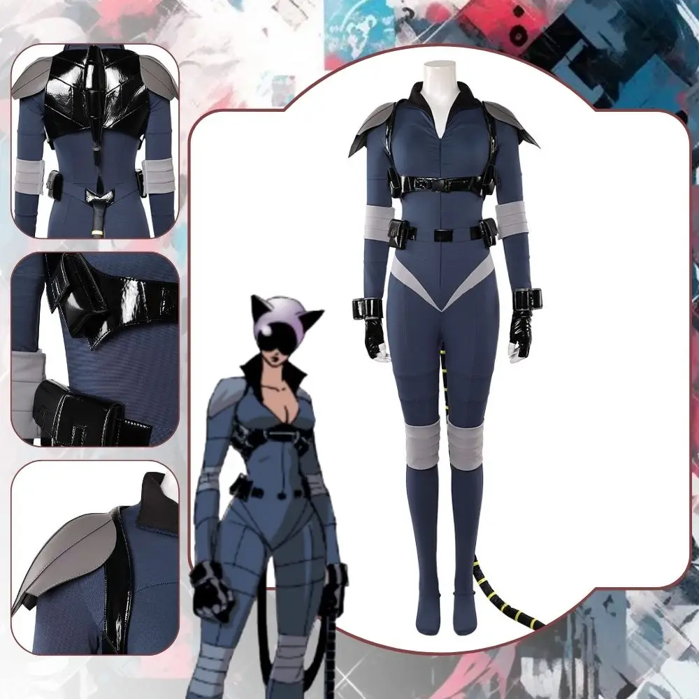 Disfraz de Catwoman Selina Kyle, mono, traje de cosplay para mujer adulta, cinturón, cola de gato, juego de rol, traje de Halloween y carnaval