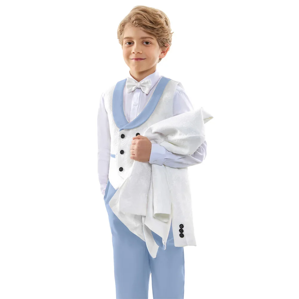 Classic 4 Pieces Boys Formal Suit White Sky Blue Contrast Tuxedo Blazer Vest Pants For Performance Party