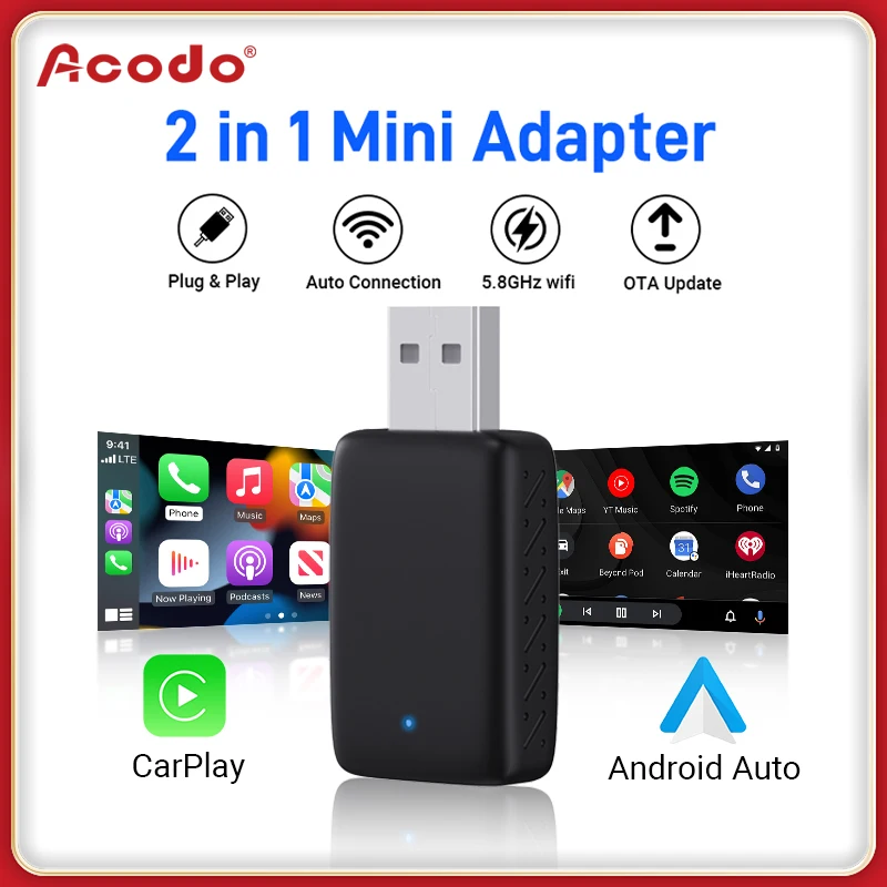 Acodo adaptor Carplay nirkabel Android Auto, adaptor 2in1 nirkabel, kotak pintar dengan Plug And Play, koneksi otomatis cepat, WIFI Universal