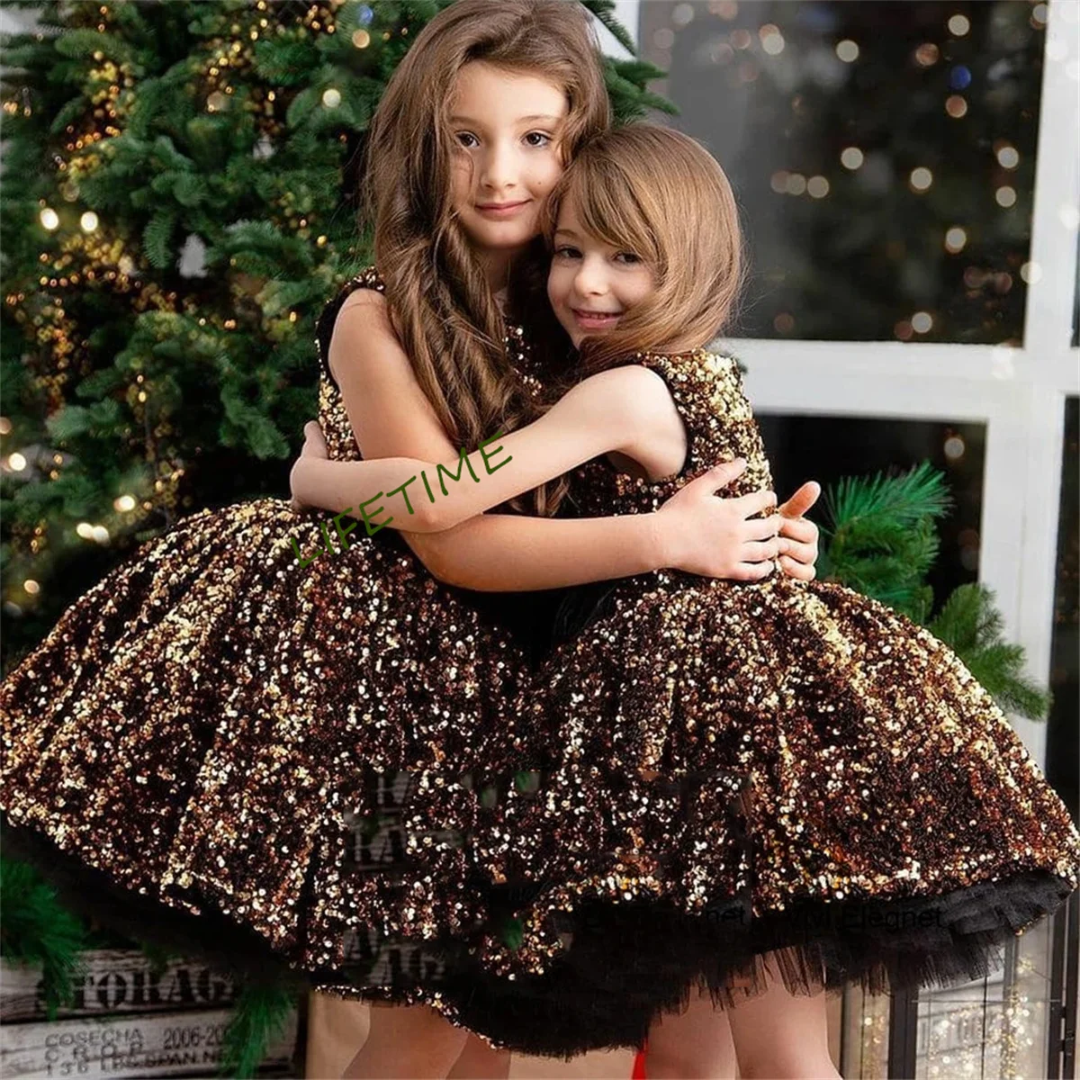 Braune Pailletten Blumen mädchen Kleider ärmellose Bitthday Kleid Tutu Tanz Schaufel Weihnachts kleid mit schwarzer Schleife فساتين اIrid فابلعيد