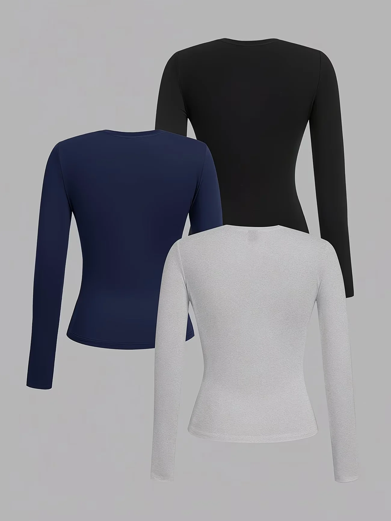 Women 3-Pack Solid Long Sleeve T Shirts Crew Neck Stretch Skinny Basic Layering Tops Casual Daily Slim Fit Outfit