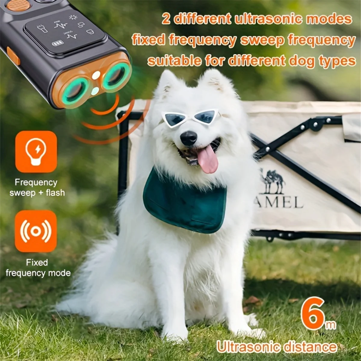 A97TUSB Rechargeable Sonic Dog Repeller with Dual Ultrasonic Emitter and High-Frequency LED Flashlight, Anti-Barking Device