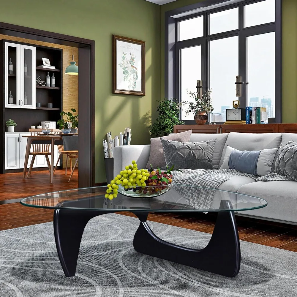 Stolik kawowy z trójkątnym szkłem - Stolik pomocniczy w stylu mid-century modern z podstawą z litego drewna i blatem z przezroczystego szkła hartowanego w stylu vintage