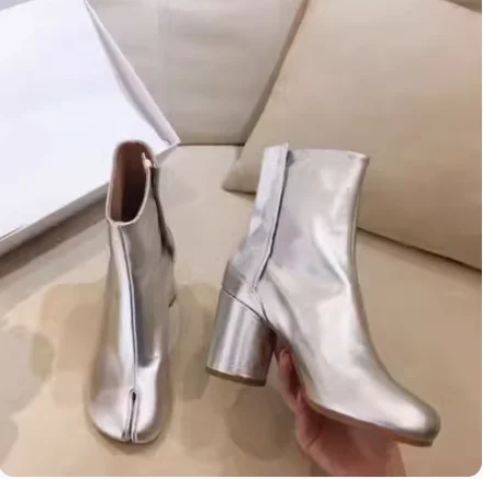 Knee High Design Leather Split-toe Boots Lady Chunky High Heel Fashion Boots Show Street Women Shoes 2024