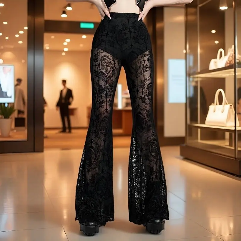 Sexy Slim Flared Pants Wide Leg Women Stretch Bell Bottom Lace Perspective Trousers Female Stylish Dark Gothic Night Club Street