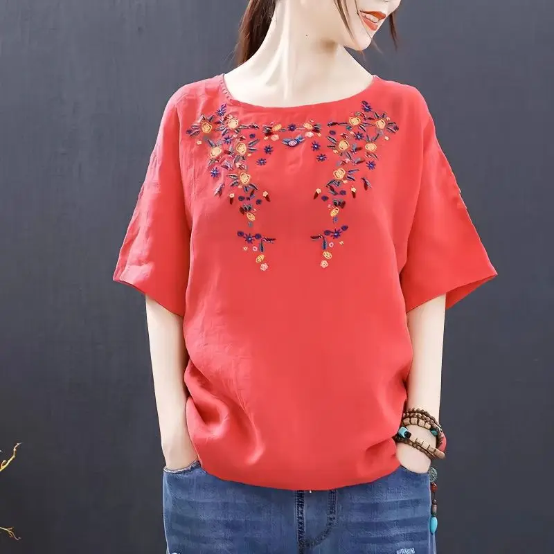 

Embroidered Cotton Linen Short Sleeve T-Shirt Women's Summer New Loose Large Size Retro Original Round Neck Pure Cotton Top