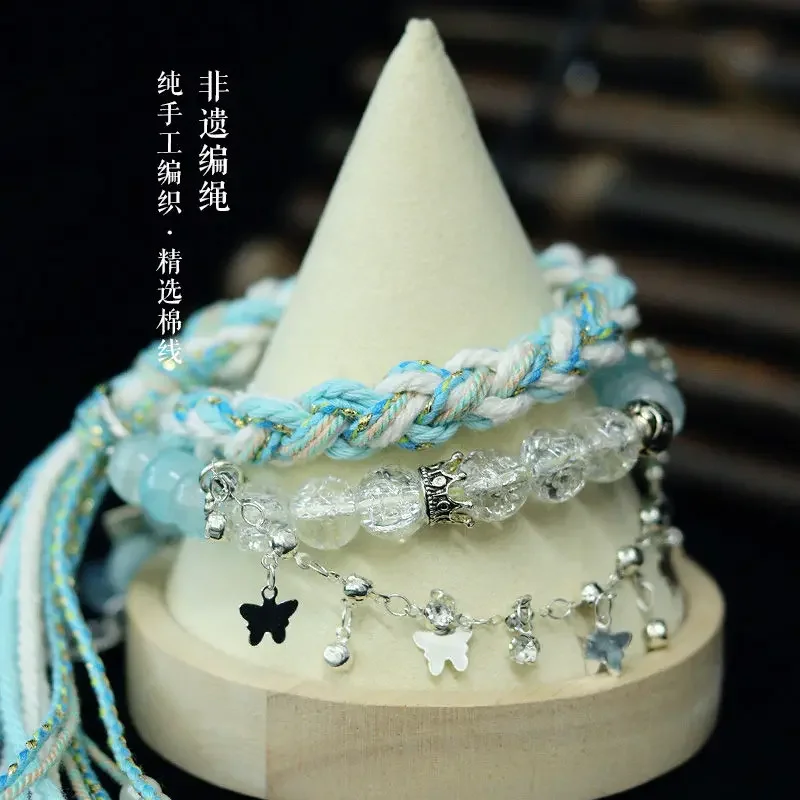 New Chinese Hand Rope Tibetan Style Bracelet with Silver Jewelry Tassel Double-loop Woven Hand-woven Finished Hanfu Accessories