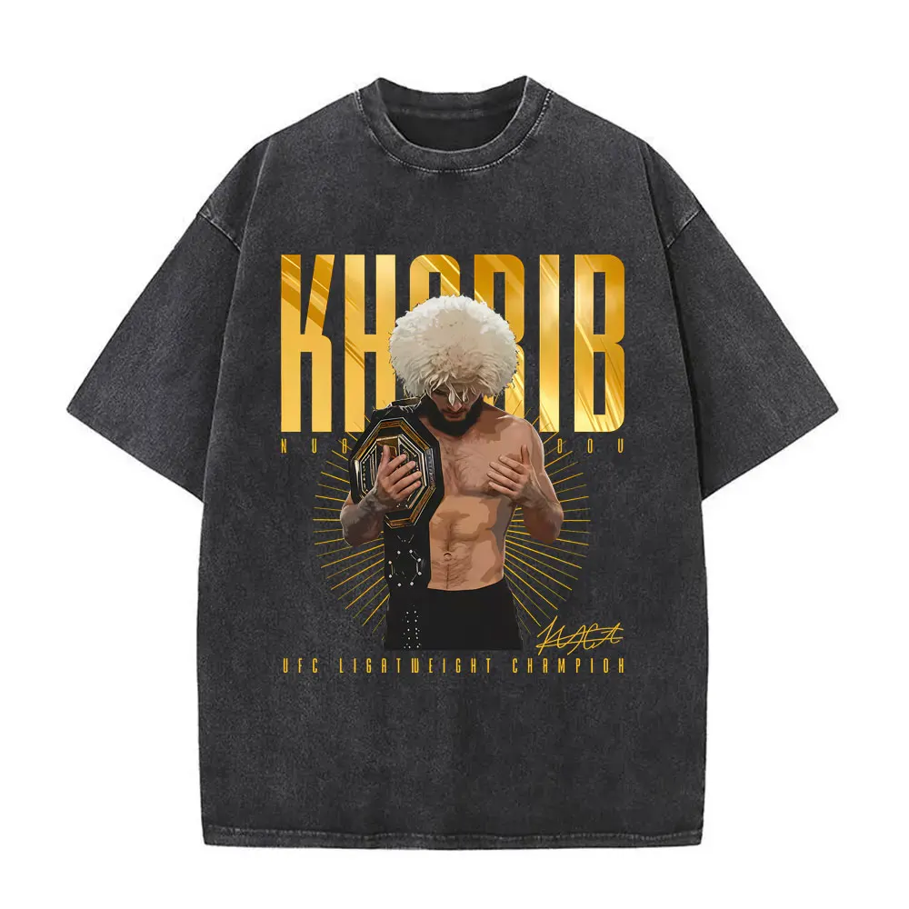 Washed Vintage Russian Fighter Khabib Send Me Location Graphic T-shirt Men Women Boxing Fitness Gym Oversized T Shirt Streetwear