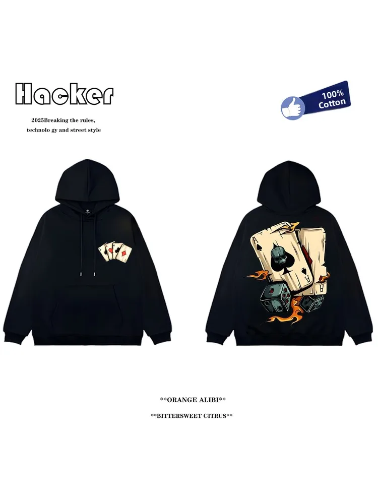 アメリカンスタイルの厚手フリースパーカー漫画ポーカープリントユニセックスルーズストリートウェアカップルアウターウェア暖かい綿長袖