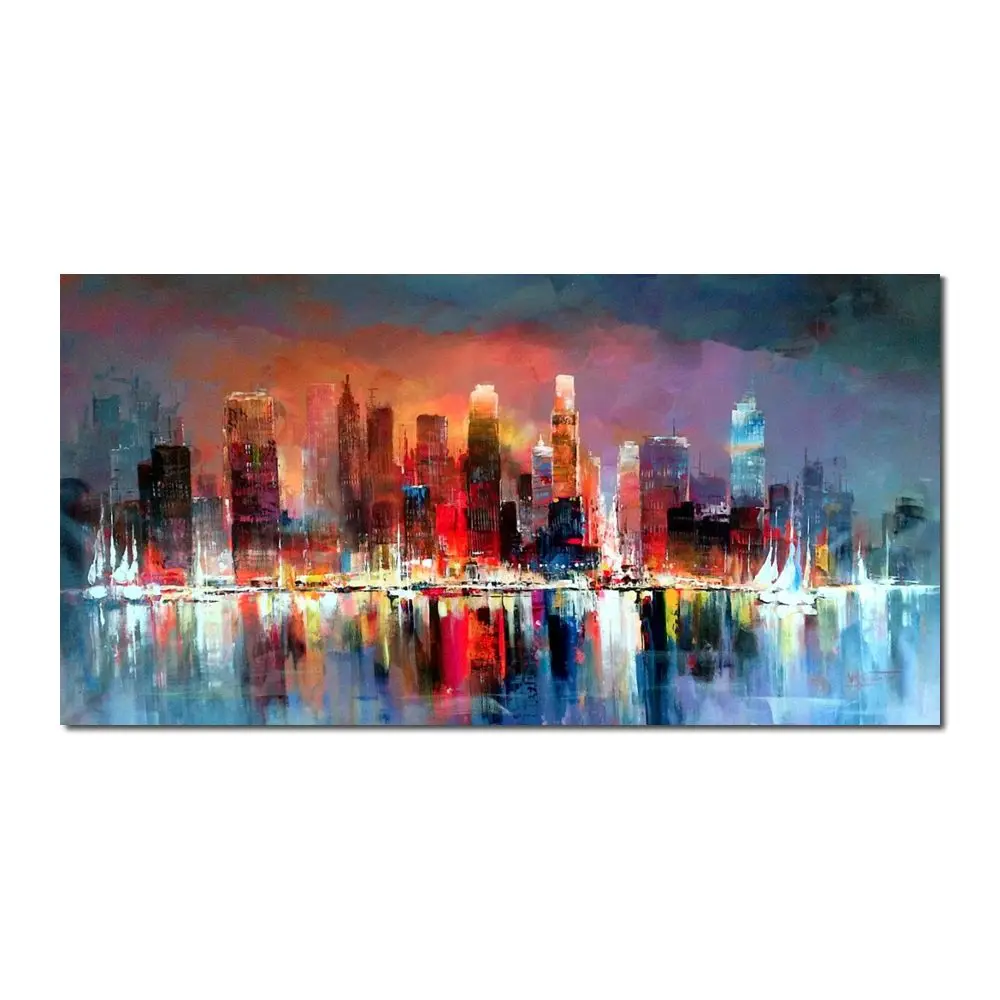 

Contemporary Cityscape Canvas Art Skyline View Handmade Abstract Painting for Living Room Modern Decor Textured High Quality