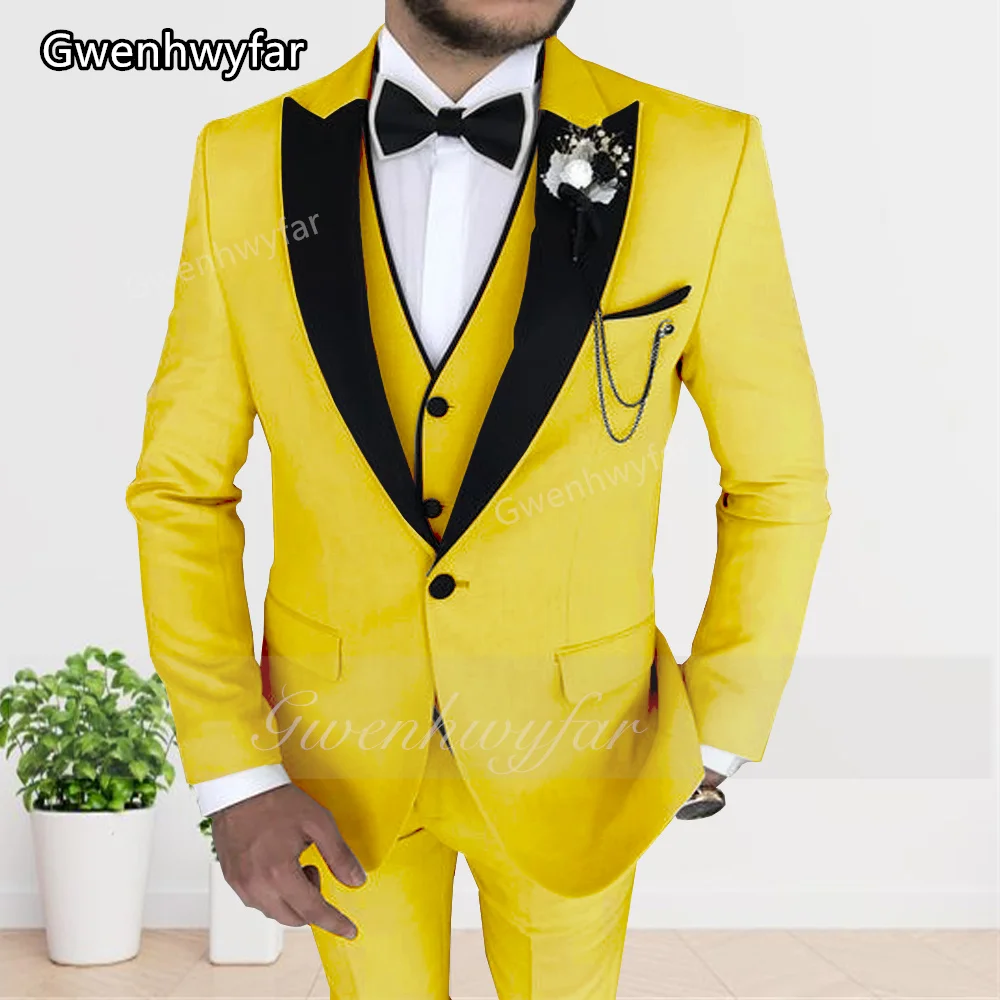 

Gwenhwyfar 2025 Men's Yellow Suit Slim Fitting Single Breasted Wedding Formal Party 3-Pieces Men's Tuxedo (Blazer+Pant +Vest)