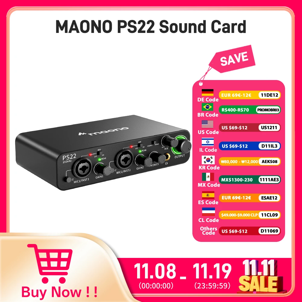 MAONO-PS22 USB Audio Interface for PC,60dB Pro-Preamp, 24bit 192kHz,Dual USB Interface for PC and Smartphone, Routing Software