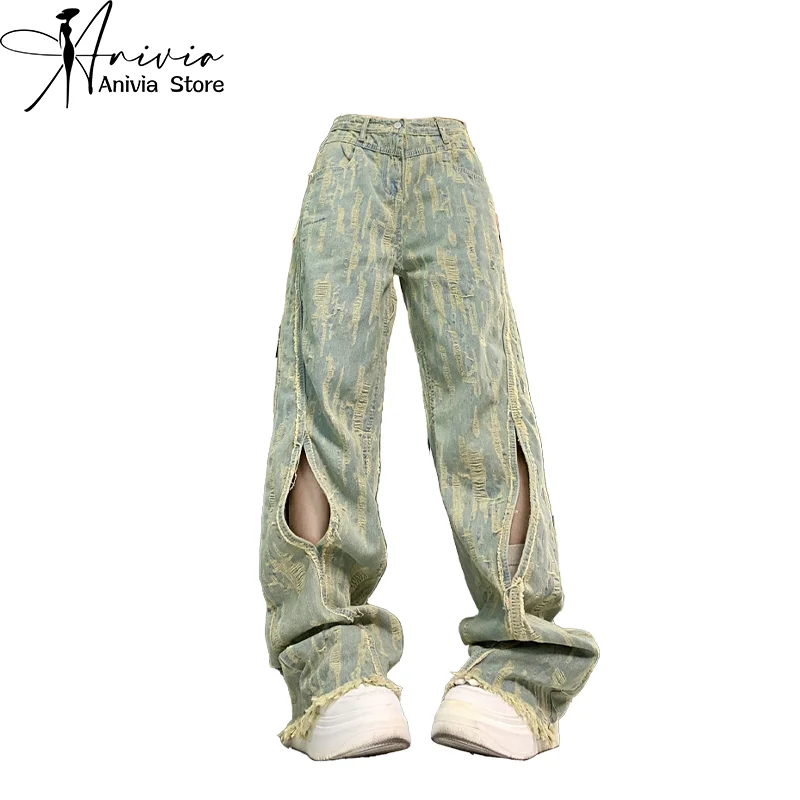 

Harajuku Streetwear Retro Blue Design Fashion Women High Waist Jeans Loose Wide Leg Straight Hole Flash Trousers Y2K Baggy Pants