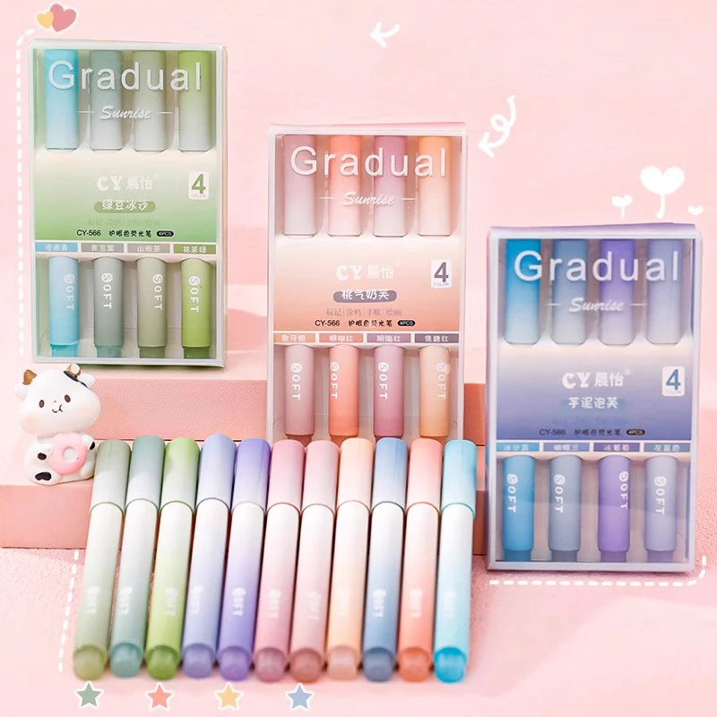 4pcs/box Gradual Marker Pens Kawaii Highlighter Pens Drawing Painting Marker Spot Liner Korean Stationery School Office Supplies