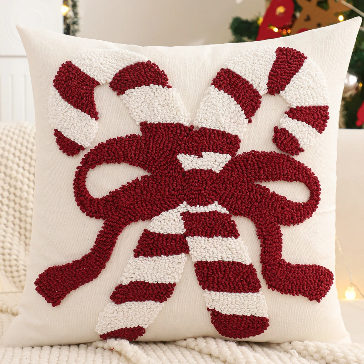 Tufted Throw Pillow Cover Christmas Decoration Canvas Cotton Christmas Crutch Bow Winter Farmhouse Home Sofa Living Room