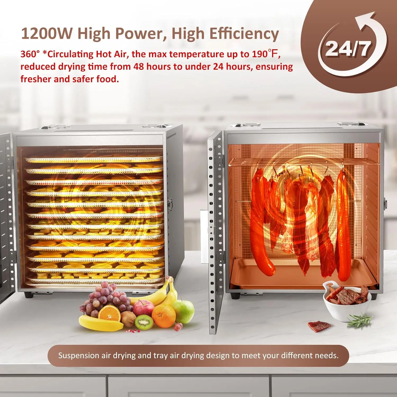 Large 12 Trays Food Dehydrator, Usable Area up to 22.67ft², 1200W Full Stainless Steel Dryer Machine, up to 190℉ Temperature, fo