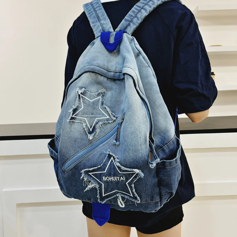 Gradient wear-resistant denim commuting large-capacity student schoolbag, color-blocking five-pointed star travel backpack