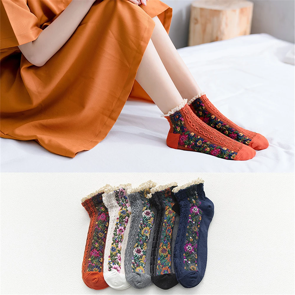 Summer Spring Ethnic Style Rose Curly Lace Cotton Short Twist Pattern Cute Fresh Japanese Retro Floral Ankle Socks Lolita Palace