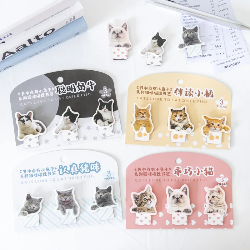 Mr. Paper, 3pcs/bag, Cat Magnetic Bookmark, Cute Cat Illustration Marker Bookmark, Refrigerator Sticker