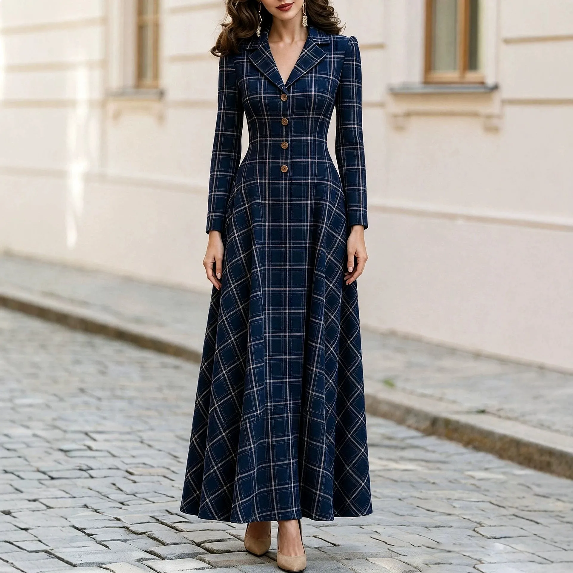 Women Plaid Blazer Dress Elegant French Commuter Dresses Button Down Office Lady Spring Summer