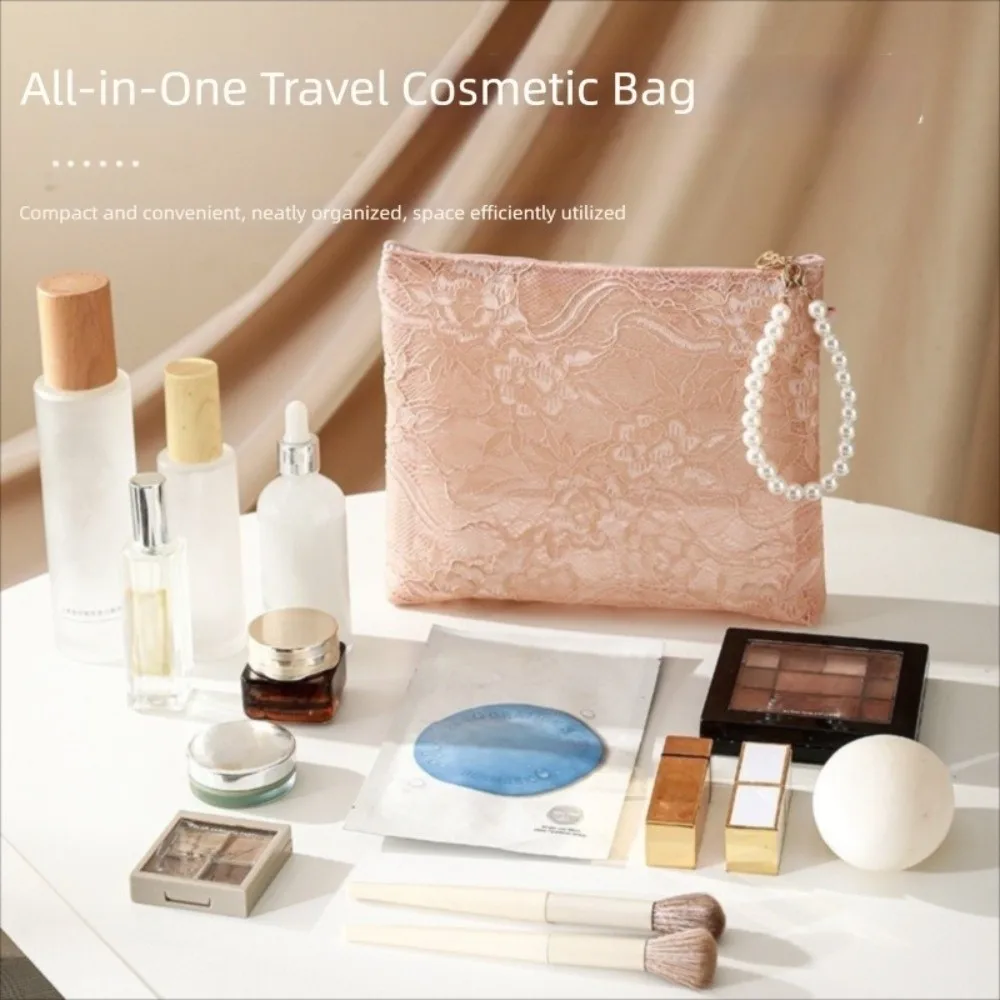 Creative Portable Lace Cosmetic Pouch Multifunctional with Imitation Pearl Chain Makeup Bag Wallet Travel Organizer
