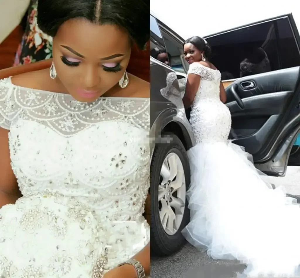 

Customized African Nigeria Mermaid Wedding Dresses Off Shoulder Crystal Beaded Tiered Ruffles Court Train Custom Plus Size Forma