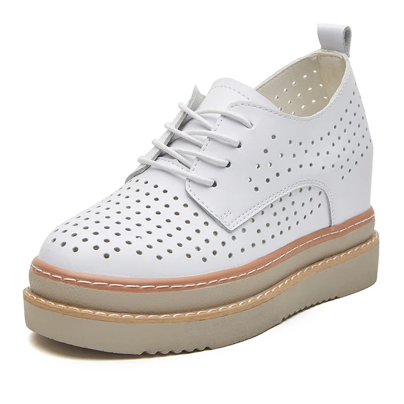 

7cm Females Natural Genuine Leather Platform Sneakers Wedge Heels Rubber Hollow Breathable Summer Women Casual Shoes Dress