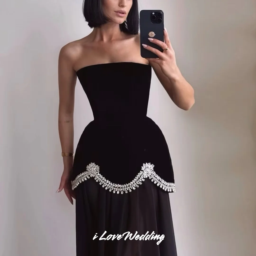 ブラック ビーズ A ライン ストラップレス ノースリーブ プロムドレス ローブ ド ソワレ ウェディング パーティー ドレス フロアレングス エレガント プリーツ カスタム