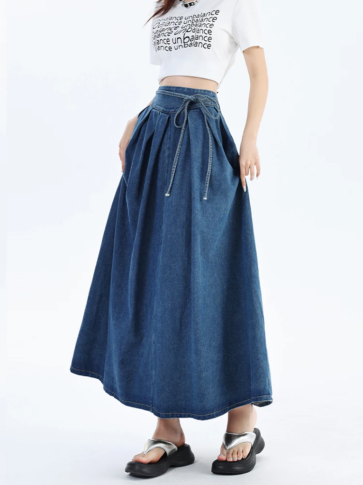 Autumn 2024 New High Elastic Waist Long Denim Skirt For Women Korean Style Streetwear Lace-up Blue Maxi Jeans Skirts Female