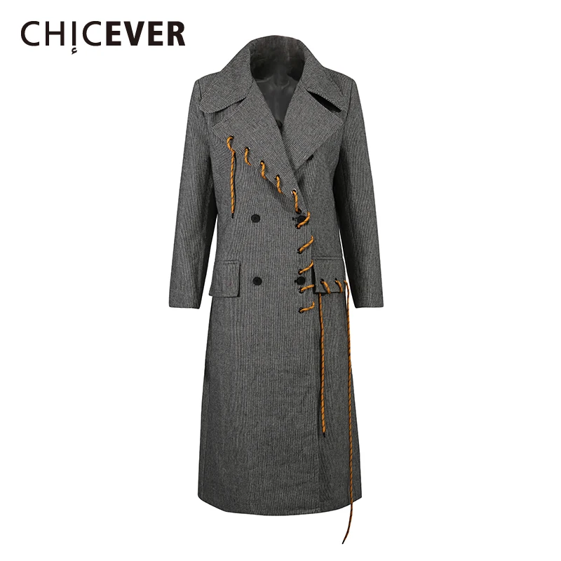 

CHICEVER Gray Spliced Lace Up Korean Trench Female Lapel Long Sleeve Loose Casual Lazy Women's Trenchs Autumn Fashion New Style
