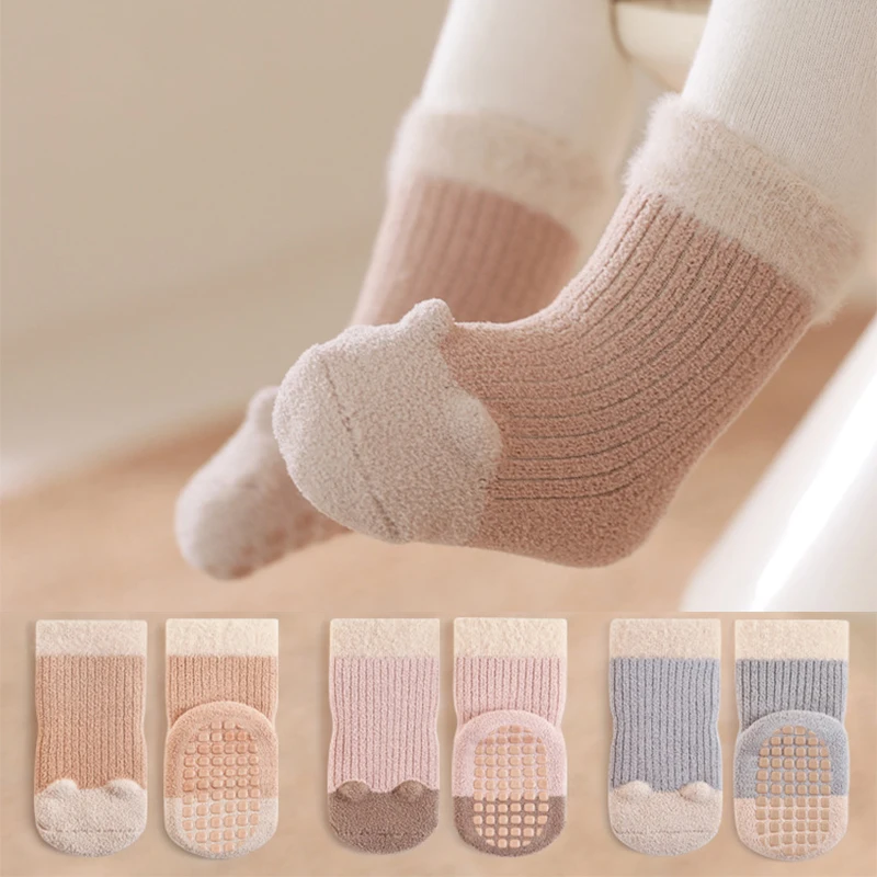 Baby Floor Socks Newborn Kids Winter New Thickened Warm Cute Little Ear Non-slip Socks Girls Infant Boys Boneless Mid Socks 0-5Y