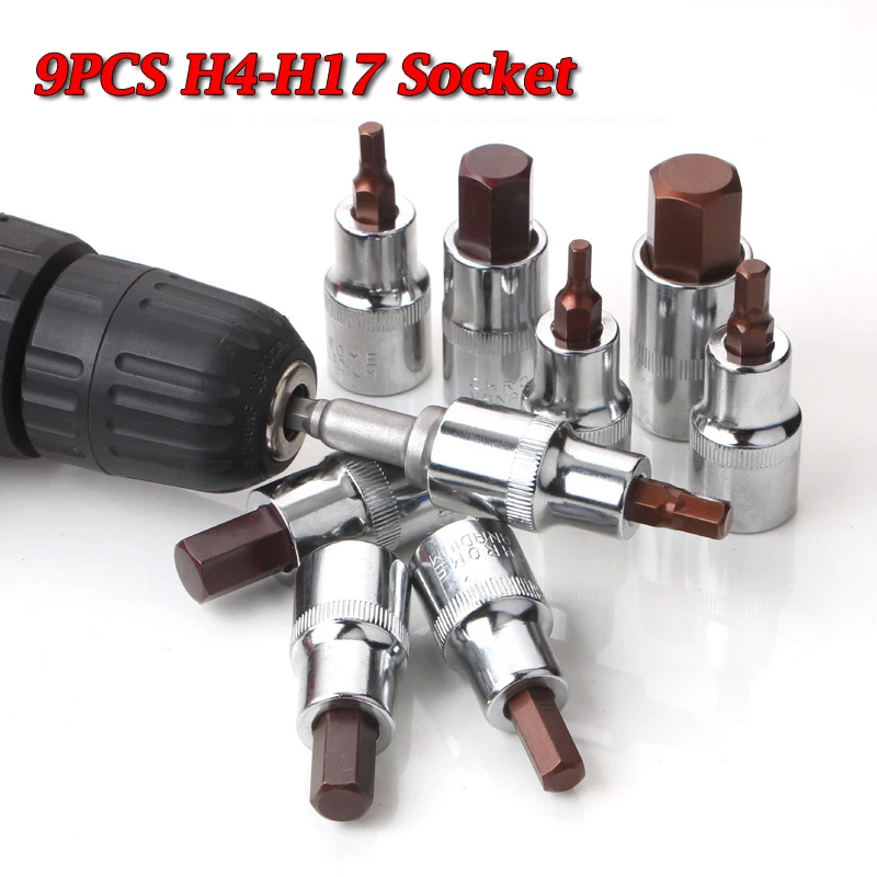 Professional 9PCS H4-H17 Pressure Batch Socket Set Lengthened Hexagonal Screwdriver Screwdriver Air Bit Screwdriver Head Set