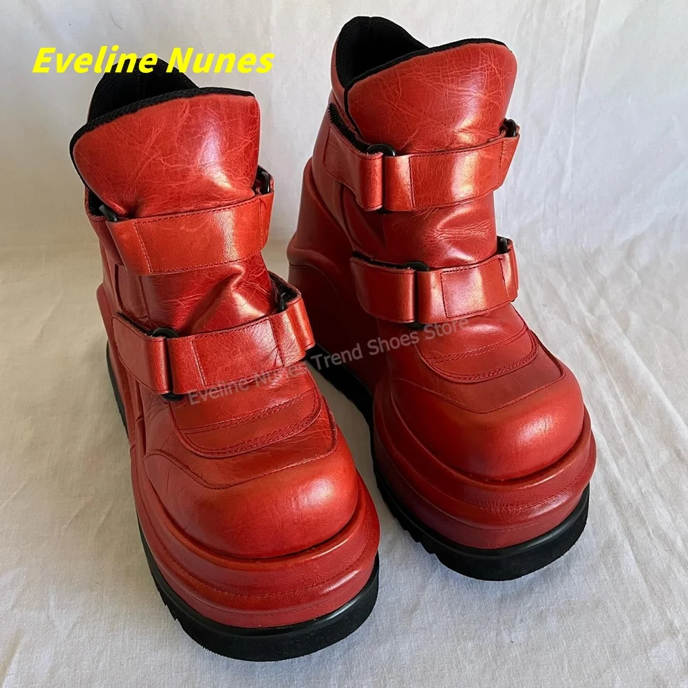 Y2K Gothic Red Wedge Platform Boots Women Round Toe Double Buckle Strap Super Thick Sole Punk Dark Street Style Ankle Footwear - view 3