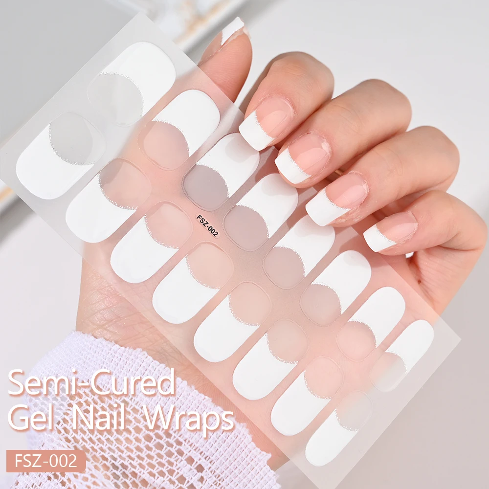 16Pcs/set Soild Semi-Cured Gel Fench Nail Stickers Black/White/Pink Full Cover Gel Nail Sticker Long-Lasting Adhesive Stickers