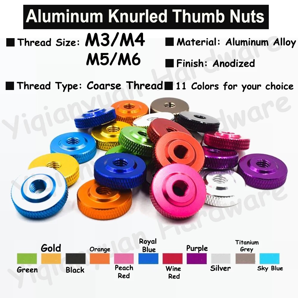 

Yiqianyuan Colorful Aluminum Knurled Thumb Nut GB807 M3 M4 M5 M6 Hand Tighten through Hole Thin Nut for FPV RC Model Accessories