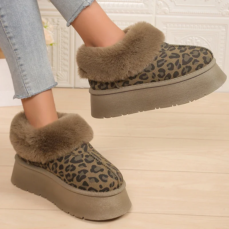 Leopard Women Flats Platform Snow Ankle Boots Fur Shoes Trend Winter Warm New Fashion Causal Sneaker Suede  Botas Mujer