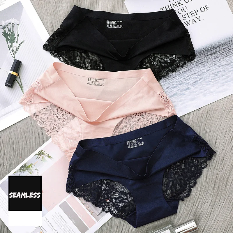 4Pcs Women\'s Panties Exquisite Lace Underwear Silk Satin Sexy Seamless Girls Lingerie Female Briefs Plus Size Comfort Underpants