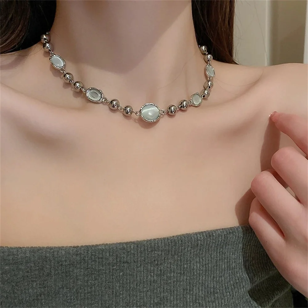 Crystal Opal Pendant Liquid Metal Necklace for Women Clavicle Chain Geometric Irregular Vintage Choker Y2K Jewelry Accessories