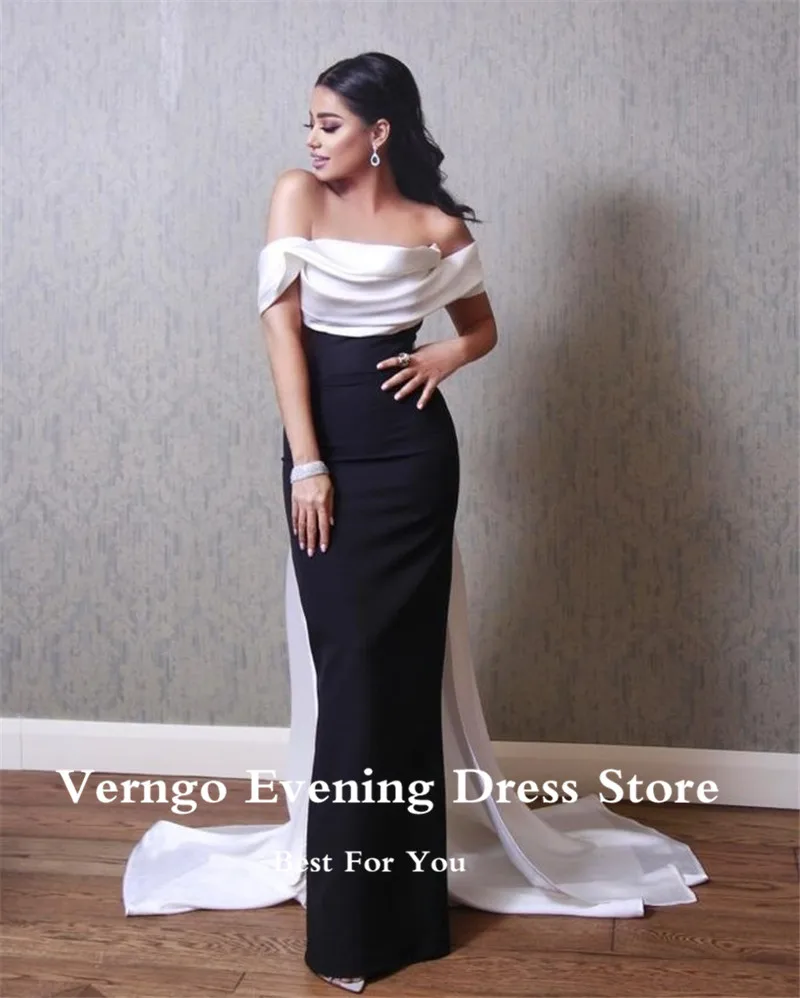 Verngo Black And White Women Formal Evening Dresses Mermaid Off the Shoulder Stretch Satin Simple Party Prom Gowns Long Train