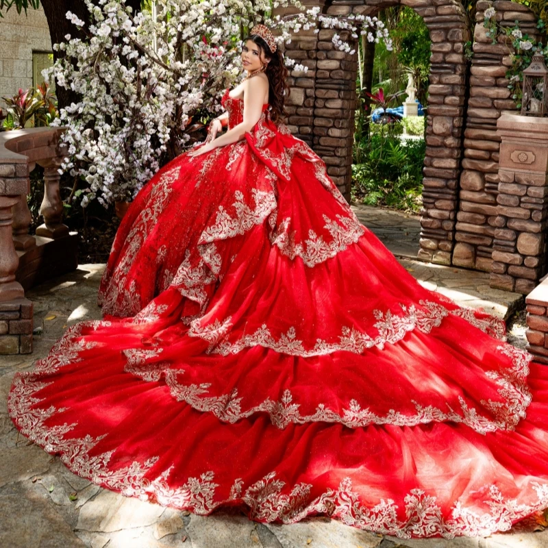 

Red Shiny Quinceanera Dresses Ball Gown Off The Shoulder Applique Lace Beading Crystal Bow Tull Corset Party Birthday Sweet 16