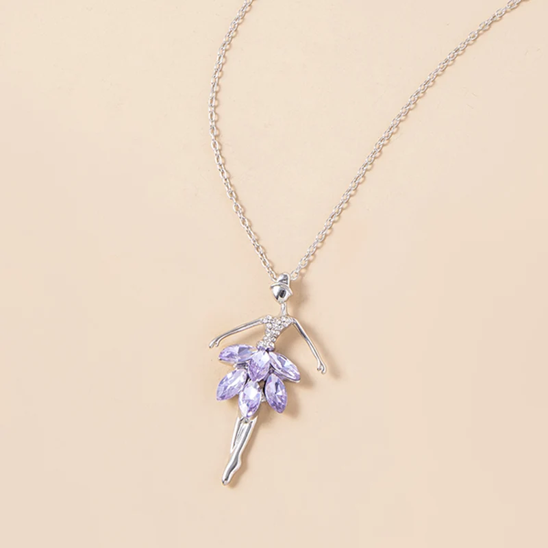 Fashion Purple Crystal Ballet Girl Pendant Necklace Ballerina Dancer Sweater Chain Necklaces For Women